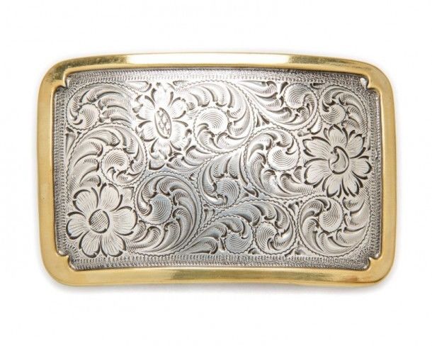 Unisex western rectangular engraved belt buckle with golden edge