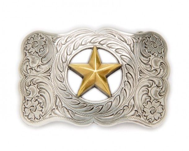 Unisex small size Nocona engraved cowboy belt buckle with golden star