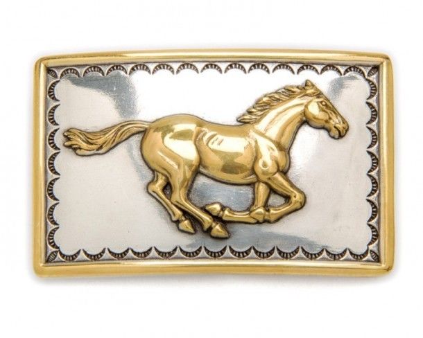 Hebilla rectangular Nocona caballo dorado al galope