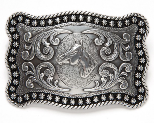 Buy now at our specialized online store this cowboy style silver look horse head belt buckle with matching filigrees in relief & black matt contour 