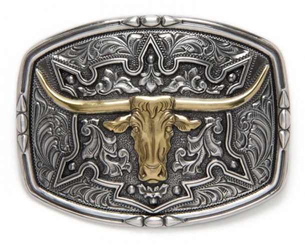 Raised golden steer head with filigrees cowboy belt buckle