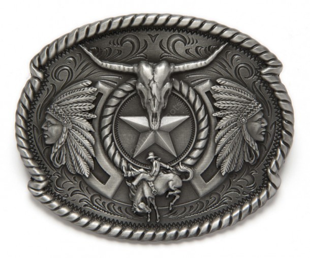 Western belt buckle with Native American chief, longhorn and bronco rider composition