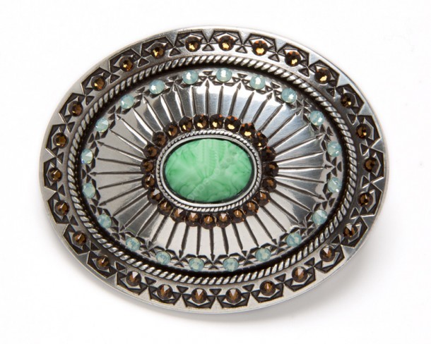 Silver plated women belt buckle with carved emerald green colored stone