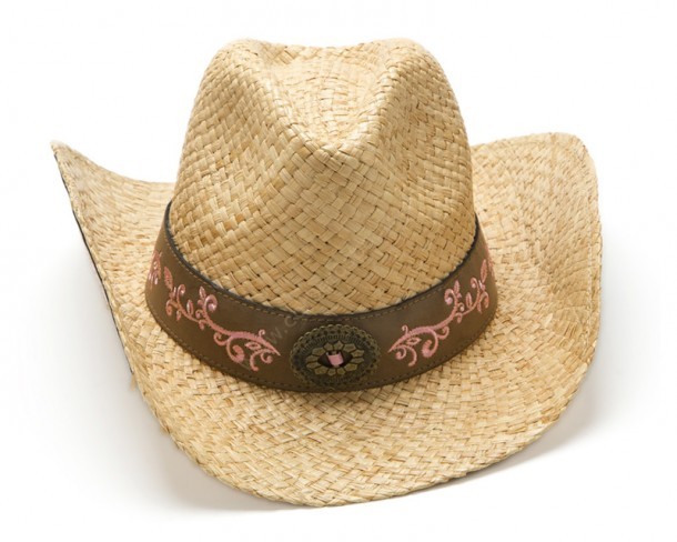 Compra en nuestra tienda online especializada este sombrero cowboy para mujer de paja trenzada blanda con bordados rosa y detalles en piel marrón.
