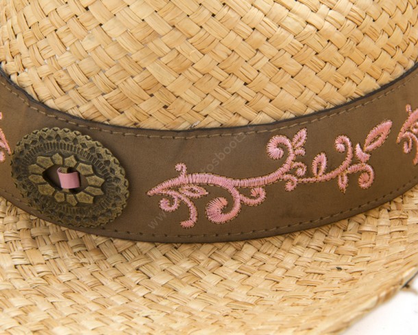 Buy right now at our online shop this cowboy natural soft toasted straw for ladies with pink embroidery and brown leather hat band / lining.