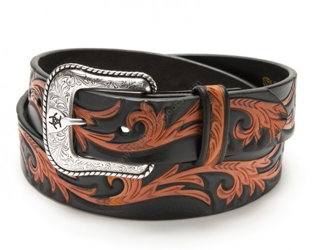 Buy at our specialized western & rockabilly online shop this Ariat black leather belt with a tan embossed scroll pattern all over the piece.