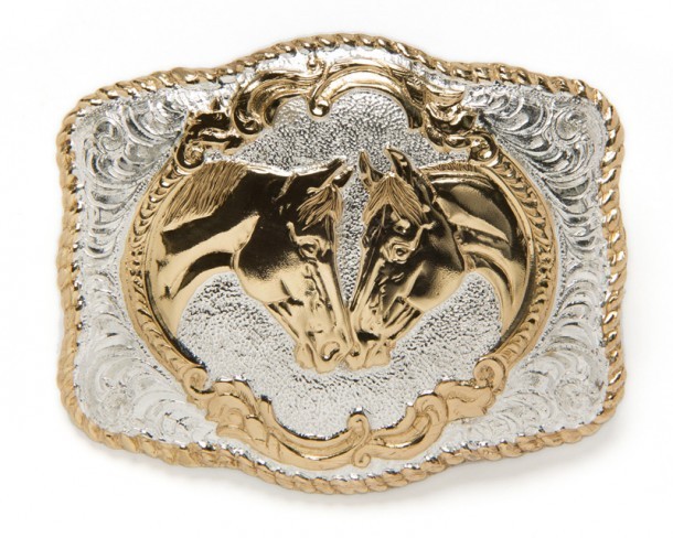 Silver and bronze electroplated rodeo style Crumrine belt buckle with staring horses