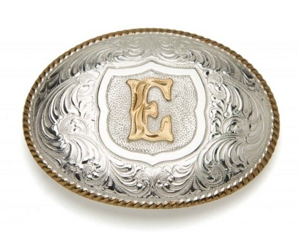 Crumrine Silversmiths E initial silver plated buckle