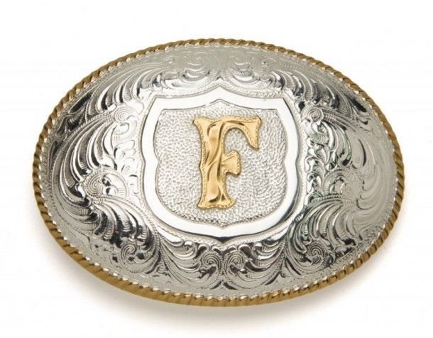Crumrine Silversmiths F initial silver plated buckle