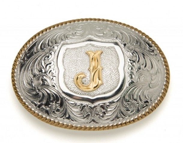Crumrine Silversmiths J initial silver plated buckle