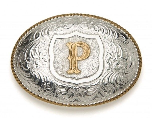 Crumrine Silversmiths P initial silver plated buckle