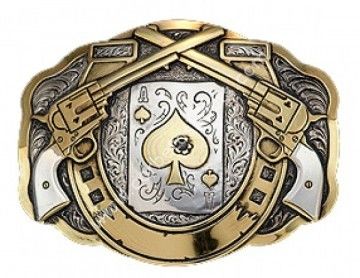 Shot ace of spades and Peacemakers silver plated Crumrine trophy buckle