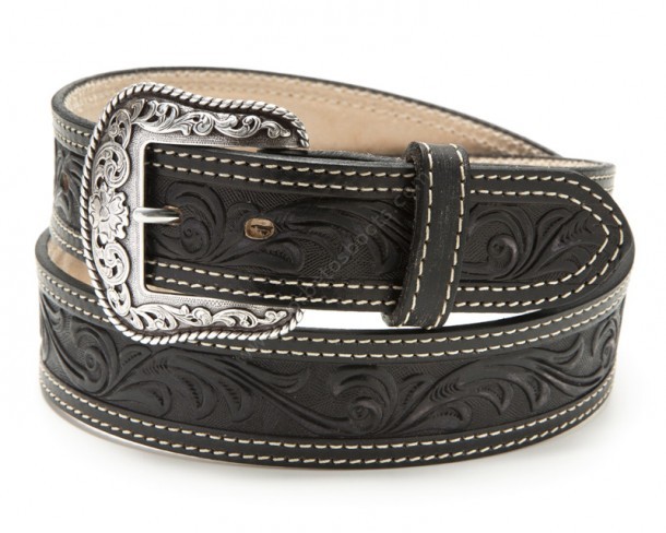 Tooled black leather western belt with scrolled embossed belt buckle