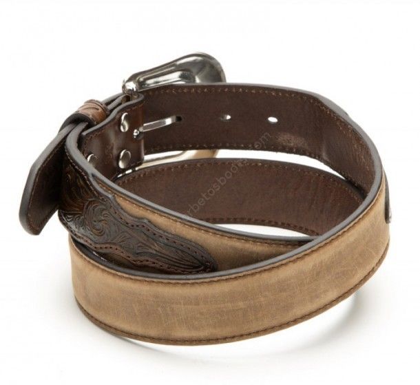 Unisex Nocona two-tone brown leather embossed cowboy belt with big buckle