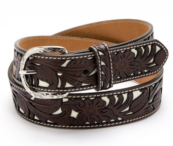 Nocona unisex dark brown floral tooled leather western belt with white inlay