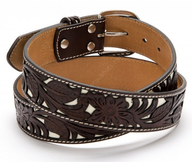 Nocona unisex dark brown floral tooled leather western belt with white inlay