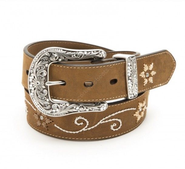 Ladies Nocona greased brown leather cowgirl belt with floral embroidery