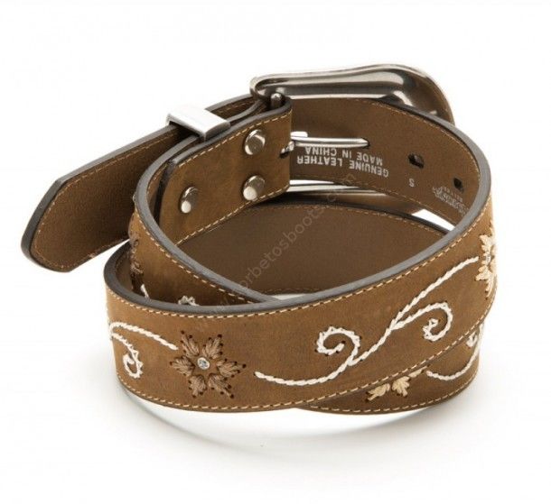 Ladies Nocona greased brown leather cowgirl belt with floral embroidery