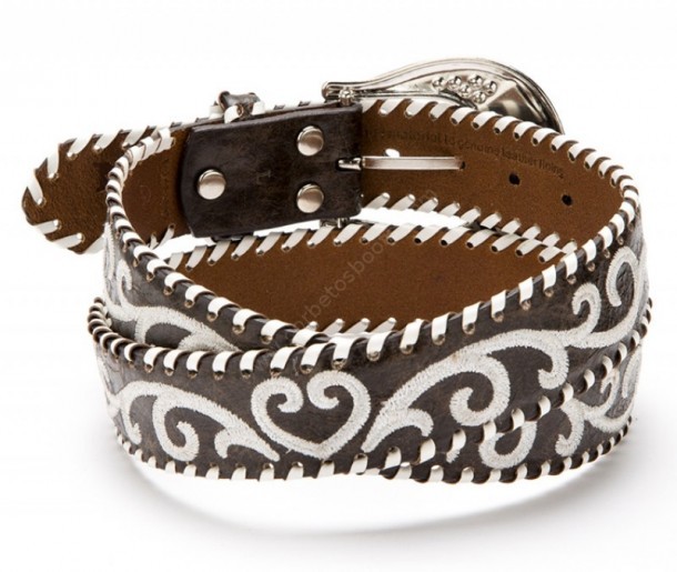Encuentra y compra en tu tienda online de productos western este cinturón para mujer hecho en combinación de piel marrón y blanca con cristales.