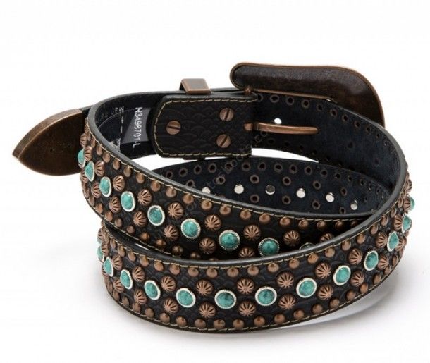 Western fashion belt with turquoise beads and big belt buckle