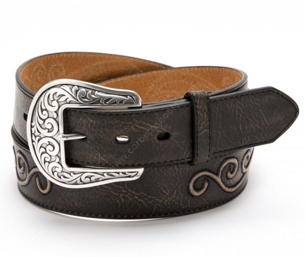 El mejor complemento para combinar con tus botas y camisa cowboy es este cinturón unisex de piel negra envejecida con conchos y chapa grabada.