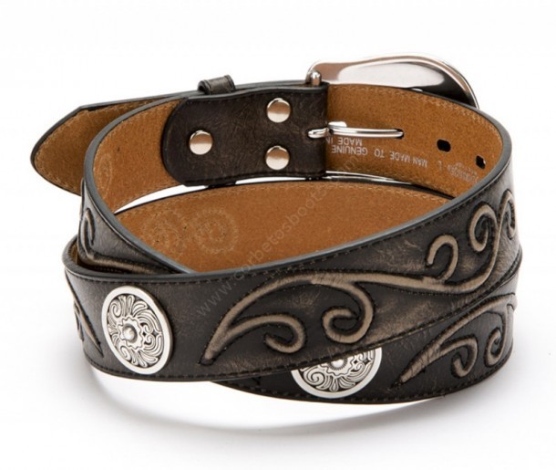 The best match for your cowboy boots and shirts is this handmade Nocona distressed black cow leather belt with western conchos and raised scrolls.