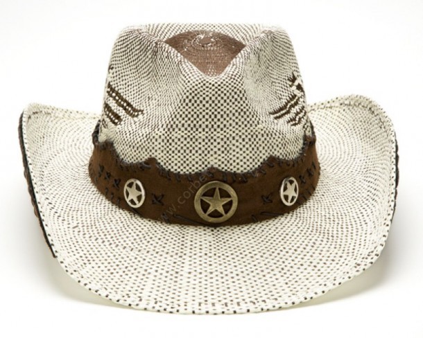 Buy now at our specialized online shop this unisex western hat made with weaved white & brown soft straw and a suede look vintage lonestar band.