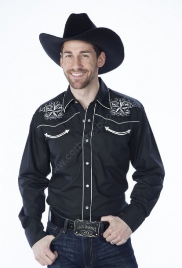 Black western shirt for men with white stars embroidery on chest
