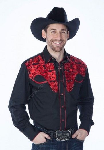 Camisa negra para hombre estilo western recamado color rojo