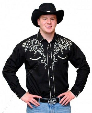 Camisa cowboy americana negra para hombre con filigranas blancas bordadas