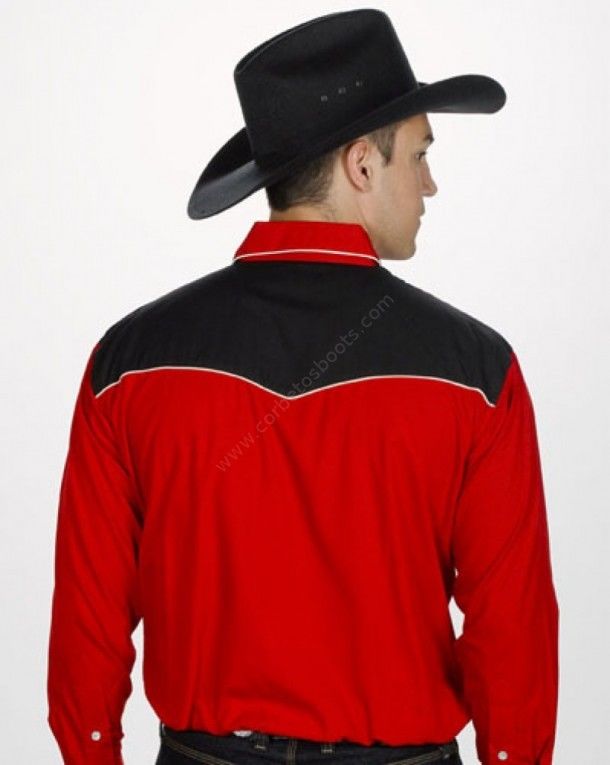 Camisa western roja para hombre con canesú negro y flores bordadas