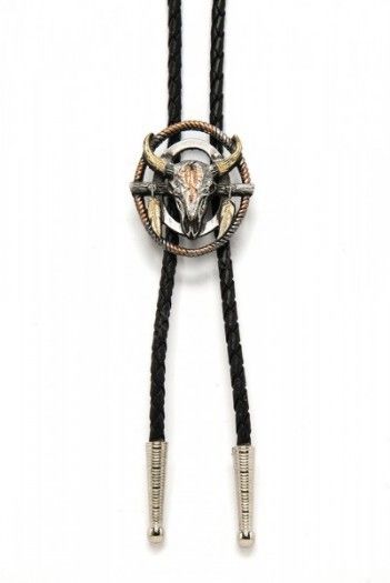 Buy now at our cowboy online shop to get this oval distressed bolo tie for shirts with a big steer head ornated with two detailed pewter feathers.
