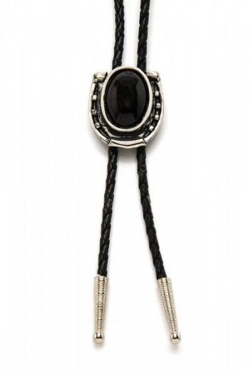 Oval black stone with antique silver horseshoe rodeo bolo tie