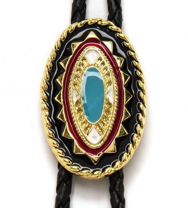 Find at our online shop all types of Native American & country bolo ties, starting from this mixed colour one with a golden filigree on the contour.