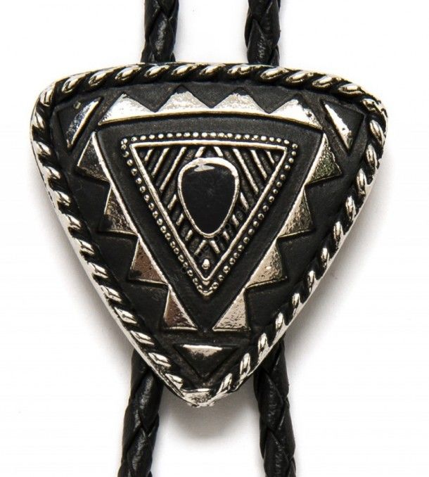 Make yourself a gift buying this elaborate silver metal triangular bolo tie for cowboy shirts ornated with mosaics mixed with a black enamel.
