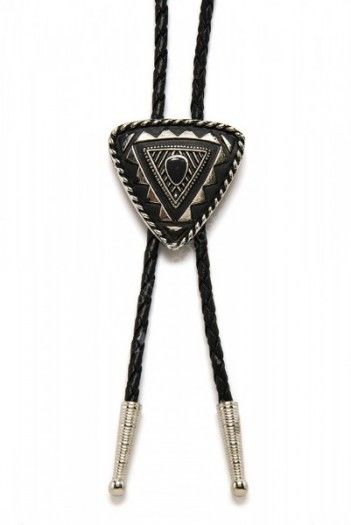 Make yourself a gift buying this elaborate silver metal triangular bolo tie for cowboy shirts ornated with mosaics mixed with a black enamel.