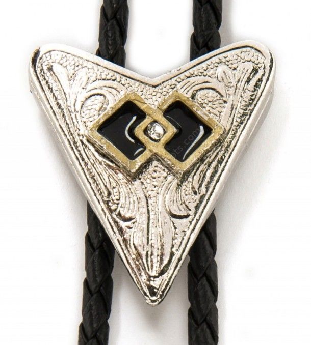 Engraved arrowhead with double black diamond metallic bolo tie