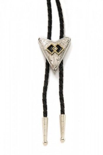 Engraved arrowhead with double black diamond metallic bolo tie