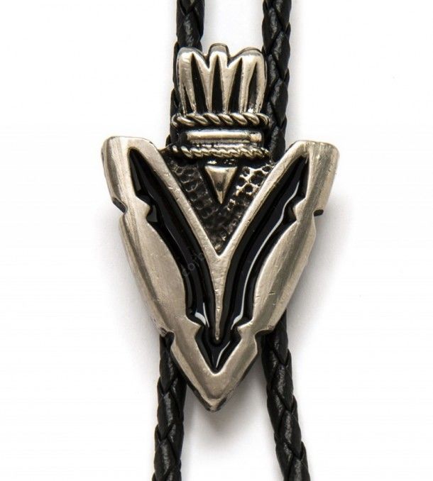 Buy now at our online cowboy shop this Native American style arrowhead bolo tie with genuine leather lace and beautiful black enamel.