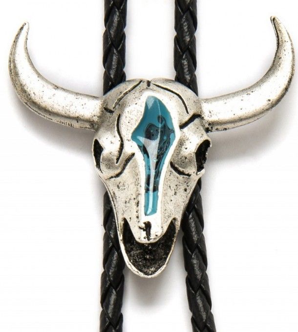 Distressed longhorn with blue enamel mark western bolo tie