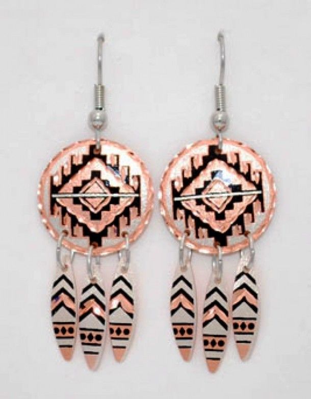 53-E73 | Native American mosaic copper earrings with feathers