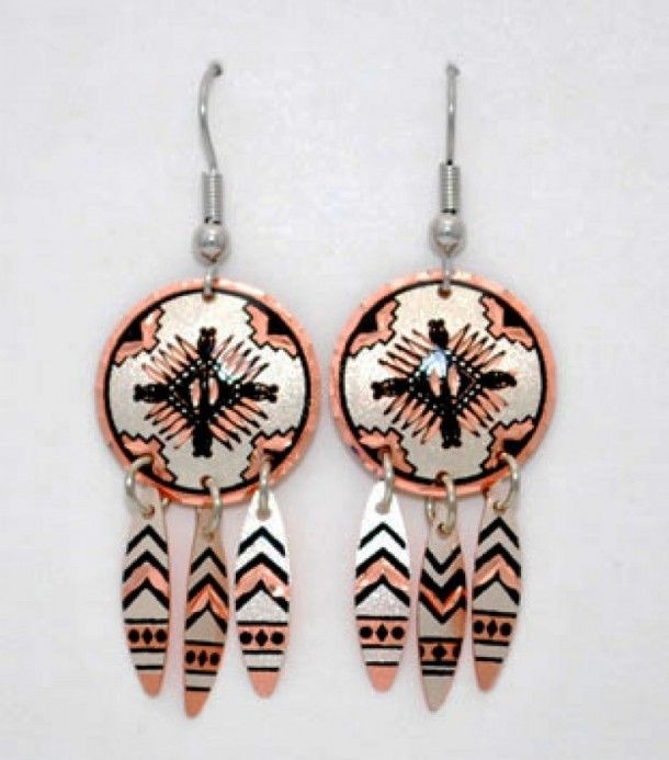 53-E75 | Indian mosaic copper earrings with feathers
