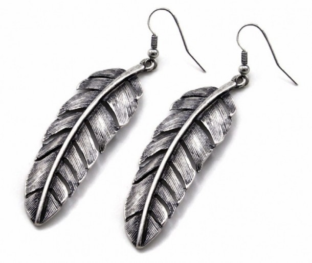 Silver look fashion feather western earrings