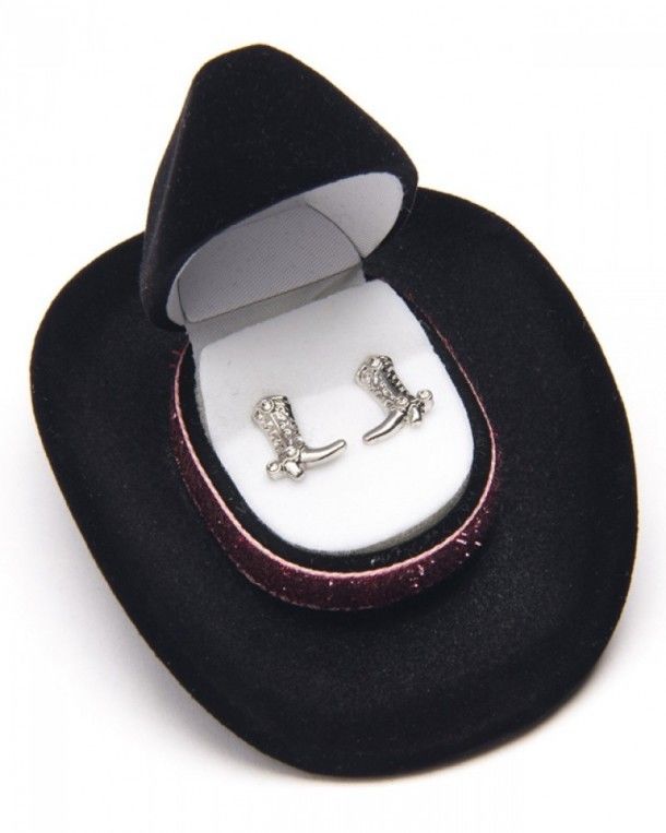Cowgirl boot earrings in cowboy hat gift box