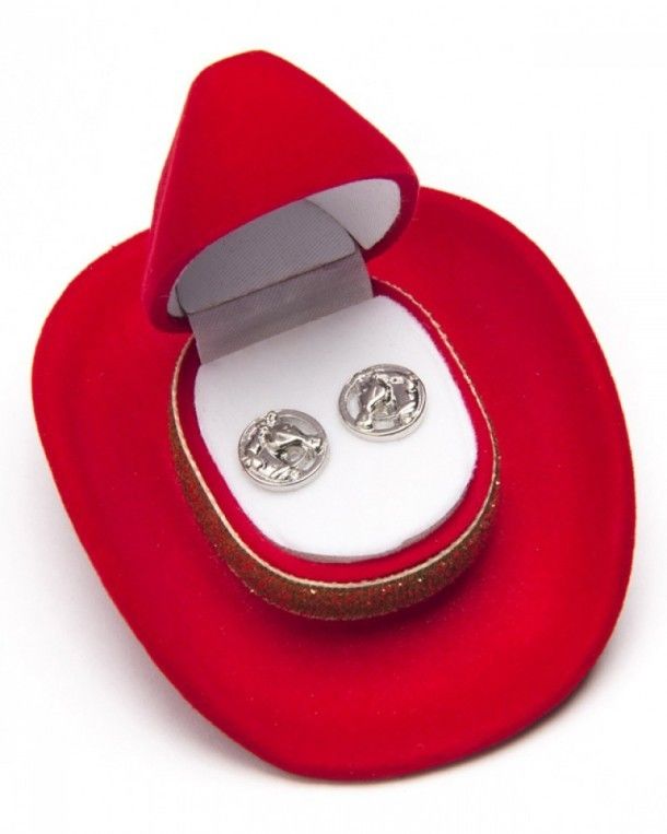 Horse head earrings in red cowboy hat box
