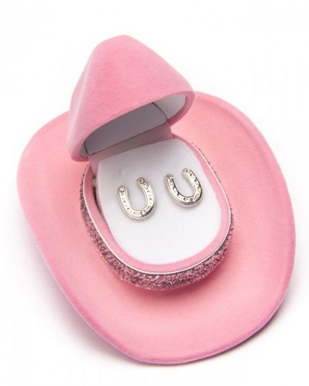 Sterling silver horseshoe earrings with little rhinestones, presented in an eyecatching cowboy hat shape gift box available at our online store.