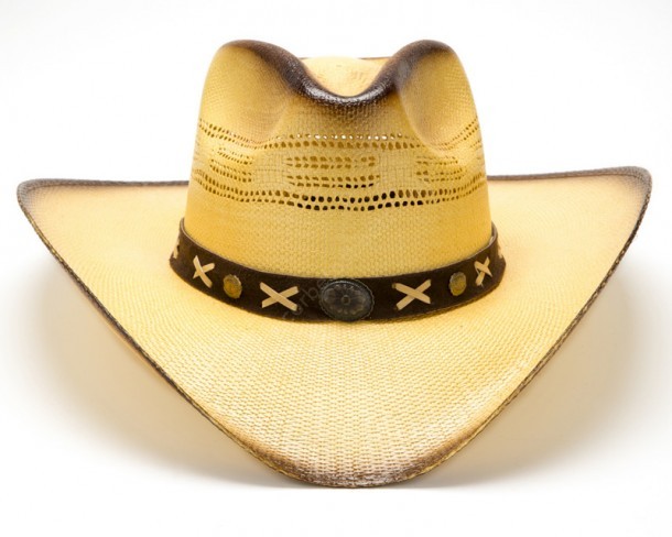 Buy at our online store this western style cowboy hat made with toasted cream-coloured plastified straw and a genuine brown leather hat band.