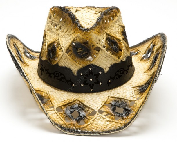 Buy at our online shop this tanned western hard straw hat in toasted brown, with an openwork crown and a tooled black leather hat band with studs.