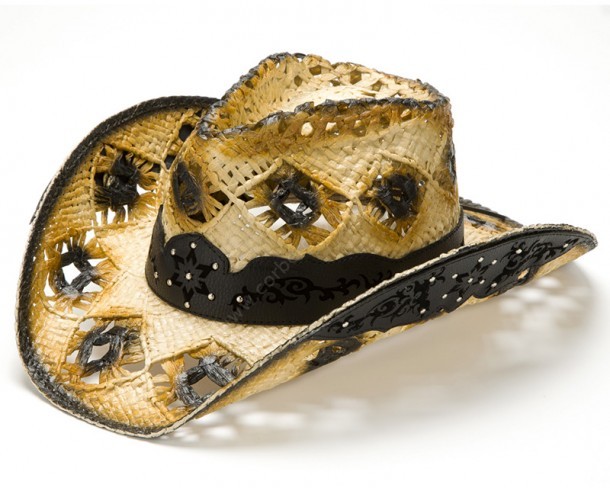 Buy at our online shop this tanned western hard straw hat in toasted brown, with an openwork crown and a tooled black leather hat band with studs.