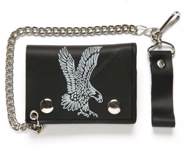 Printed flying eagle small size black leather chain wallet